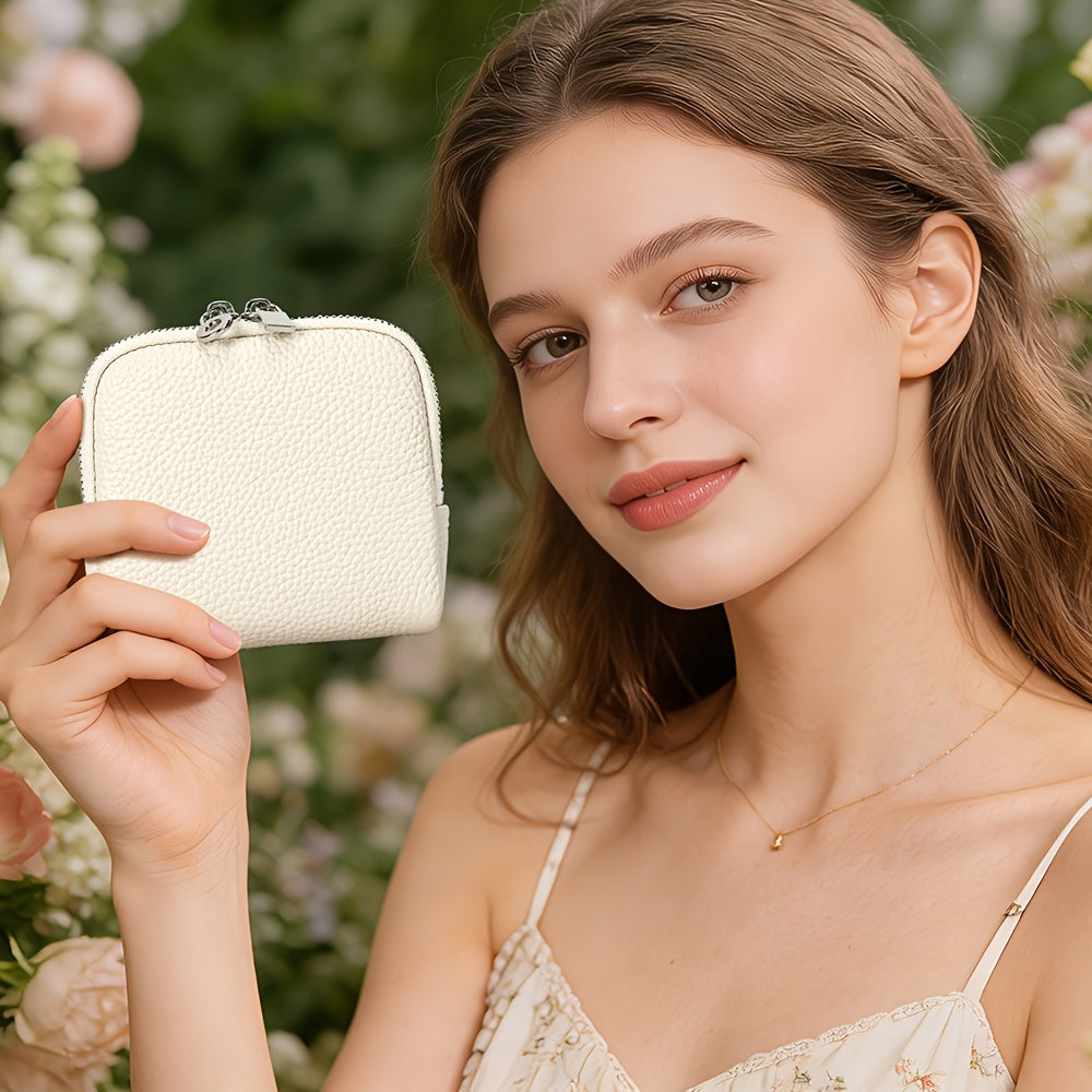 Full-Grain Genuine Leather Compact Wallet, Fine Pebbled Texture & Dual-Zip Closure, Unisex, Convertible Lipstick Case Key Holder Coin Purse Earphone Pouch, Portable Mini Storage Bag Daily Essential