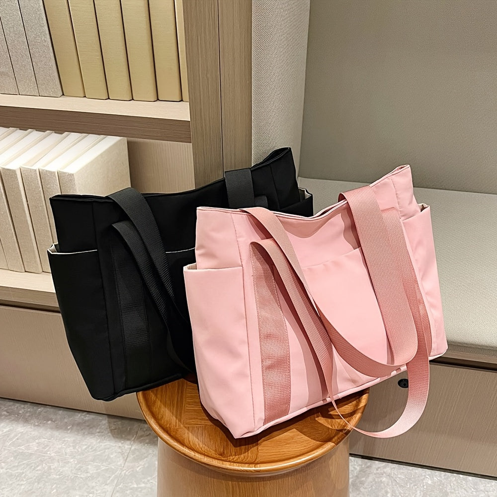 Huohuo Ladies Large Capacity Tote Bag - Heavy Material with Zipper Opening and Closing and Golden Hardware, Simple and Multi-color Optional (black, Pink, Gray, Navy Blue, White) - Sturdy Handle and Round Hemming, Suitable for Work, School