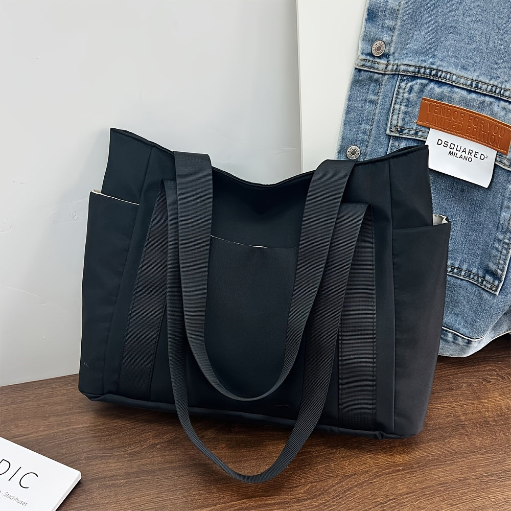 Huohuo Ladies Large Capacity Tote Bag - Heavy Material with Zipper Opening and Closing and Golden Hardware, Simple and Multi-color Optional (black, Pink, Gray, Navy Blue, White) - Sturdy Handle and Round Hemming, Suitable for Work, School