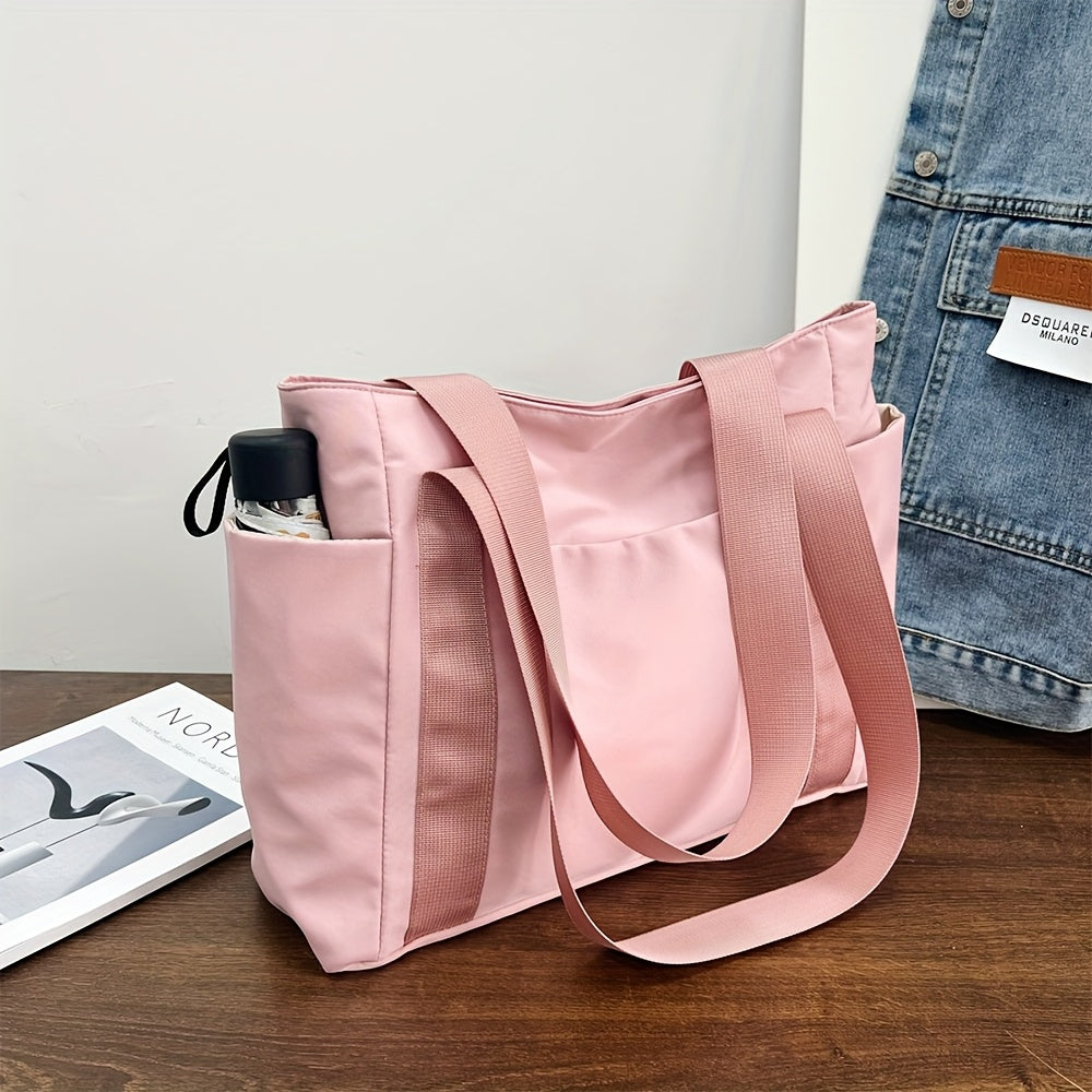 Huohuo Ladies Large Capacity Tote Bag - Heavy Material with Zipper Opening and Closing and Golden Hardware, Simple and Multi-color Optional (black, Pink, Gray, Navy Blue, White) - Sturdy Handle and Round Hemming, Suitable for Work, School