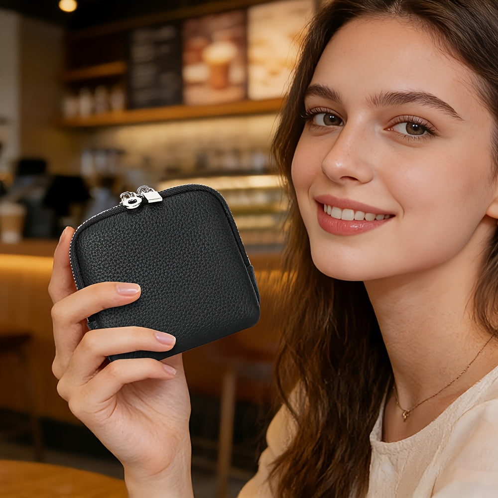 Full-Grain Genuine Leather Compact Wallet, Fine Pebbled Texture & Dual-Zip Closure, Unisex, Convertible Lipstick Case Key Holder Coin Purse Earphone Pouch, Portable Mini Storage Bag Daily Essential
