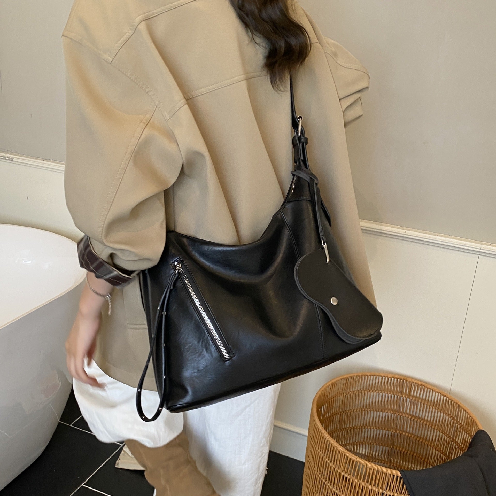 Vintage Large Capacity Shoulder Shopping Bag | and, Zipper Closure, Available in Red, Coffee Colors, Hand Wash or Dry Clean