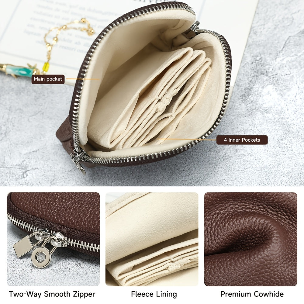 Full-Grain Genuine Leather Compact Wallet, Fine Pebbled Texture & Dual-Zip Closure, Unisex, Convertible Lipstick Case Key Holder Coin Purse Earphone Pouch, Portable Mini Storage Bag Daily Essential