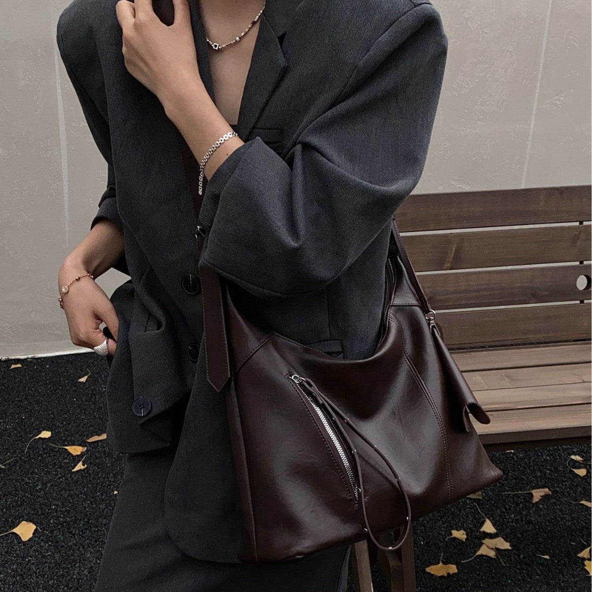 Vintage Large Capacity Shoulder Shopping Bag | and, Zipper Closure, Available in Red, Coffee Colors, Hand Wash or Dry Clean