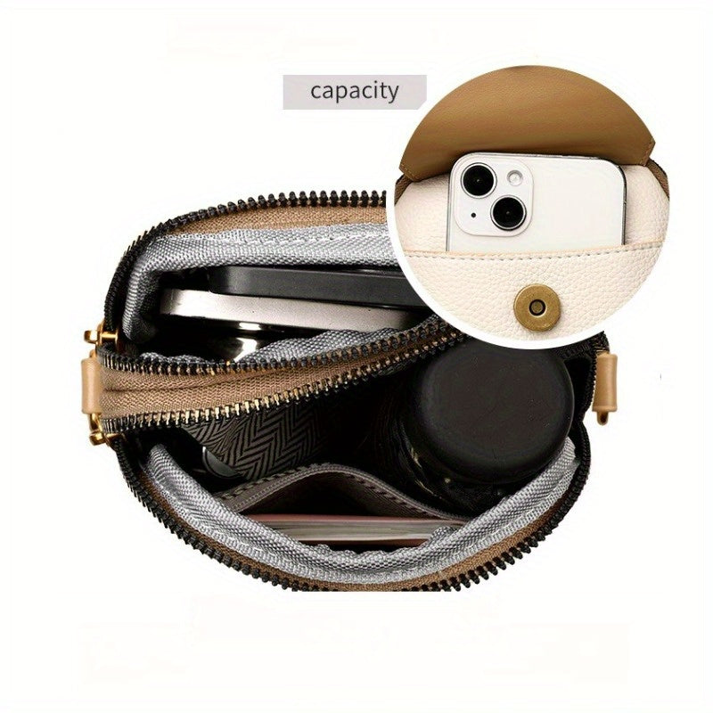 Women's Synthetic Leather & Two-Layer Soft Small Square Crossbody Bag - Multifunctional Shoulder Messenger Purse with Zipper Closure, Phone Holder Suitable for Smartphones, Casual &, Dry Cleanable, Yiwu-Made