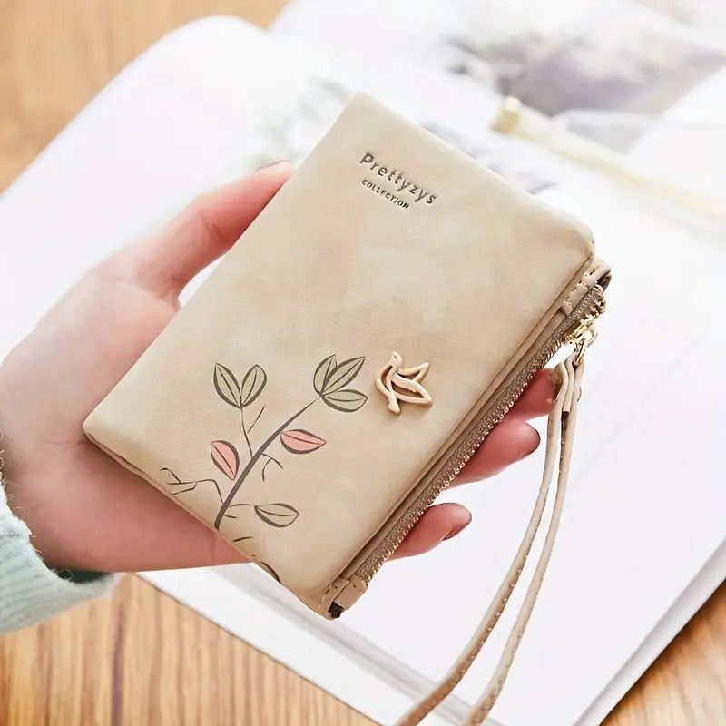 1pc BREAKYS Women'S Wallet with Wrist Strap - Beige Floral Print Compact Wallet, Multifunctional Card Holder & Coin Purse, Double Seam Closure, Golden-Tone Snap Closure, Minimalist Synthetic Wallet with Zipper Pocket & Lining, Stylish Everyday Walle