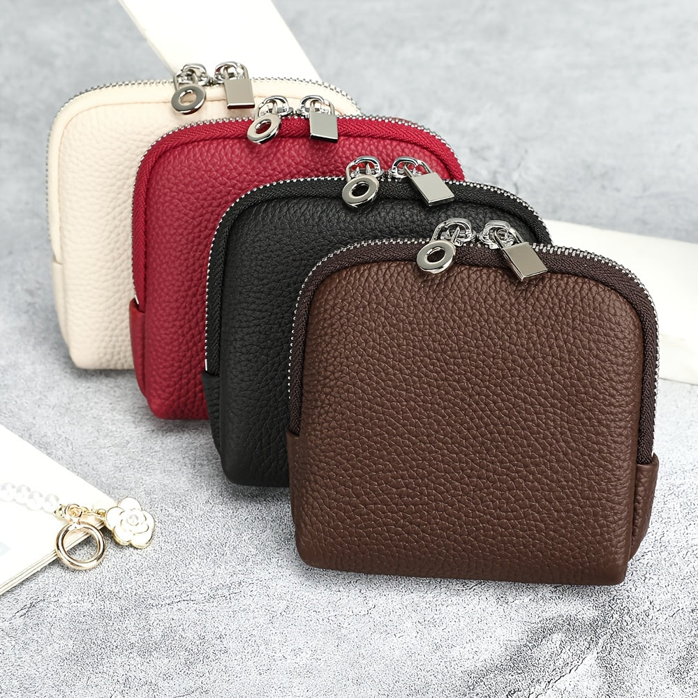 Full-Grain Genuine Leather Compact Wallet, Fine Pebbled Texture & Dual-Zip Closure, Unisex, Convertible Lipstick Case Key Holder Coin Purse Earphone Pouch, Portable Mini Storage Bag Daily Essential