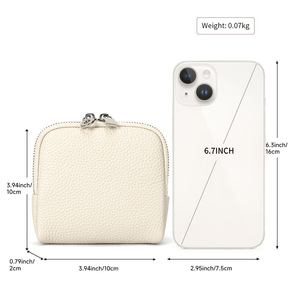 Full-Grain Genuine Leather Compact Wallet, Fine Pebbled Texture & Dual-Zip Closure, Unisex, Convertible Lipstick Case Key Holder Coin Purse Earphone Pouch, Portable Mini Storage Bag Daily Essential