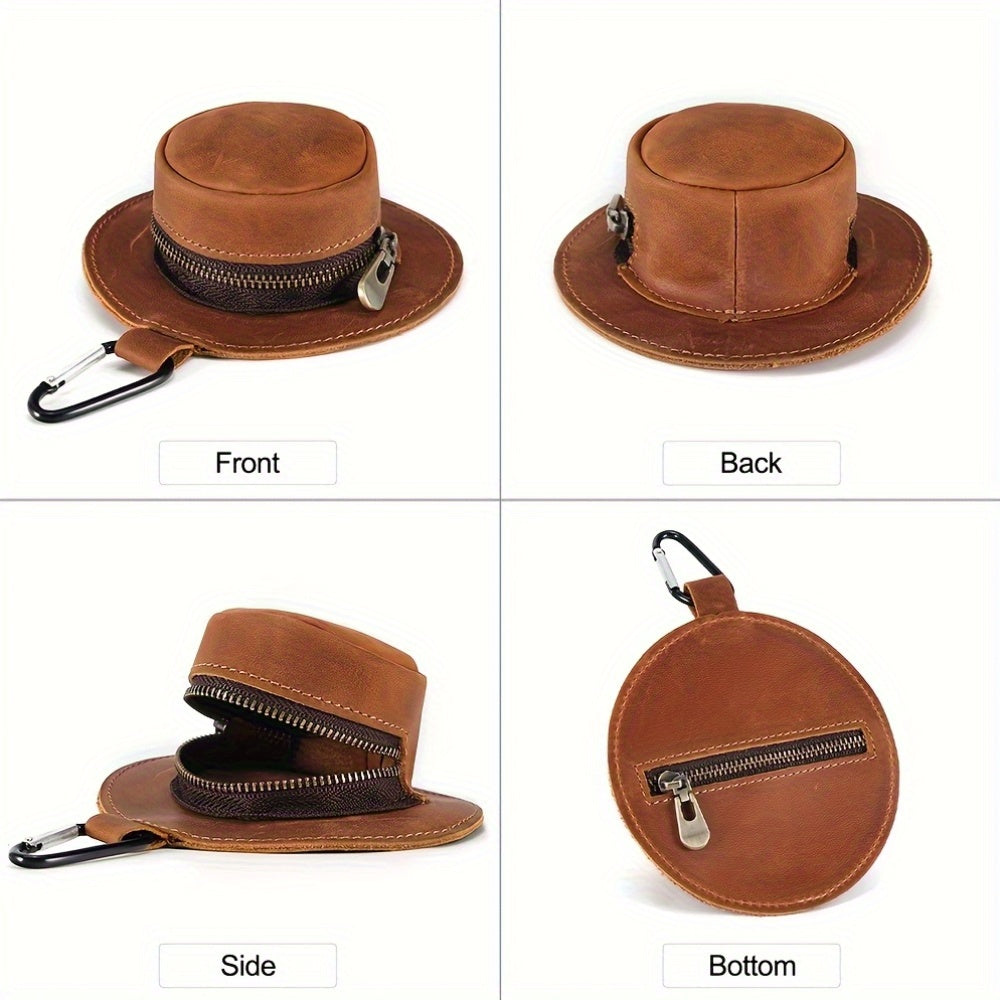 Men'S Genuine Leather Hat-Shaped Coin Purse - Compact Waist-Hanging Wallet with Zipper Closure, Brown, Perfect for Everyday Use, Everyday Wallet | Minimalist Wallet | Durable Leather Wallet, Small Wallet