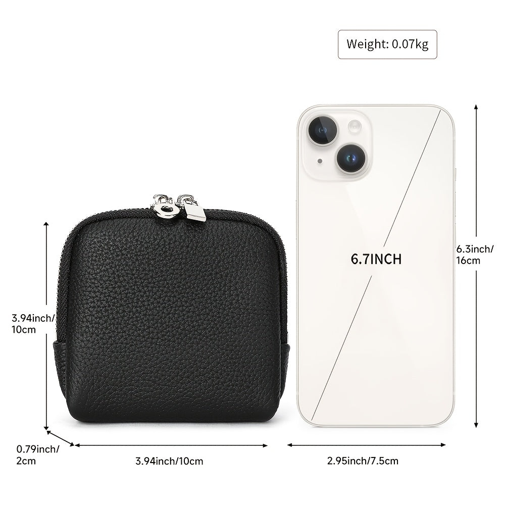 Full-Grain Genuine Leather Compact Wallet, Fine Pebbled Texture & Dual-Zip Closure, Unisex, Convertible Lipstick Case Key Holder Coin Purse Earphone Pouch, Portable Mini Storage Bag Daily Essential