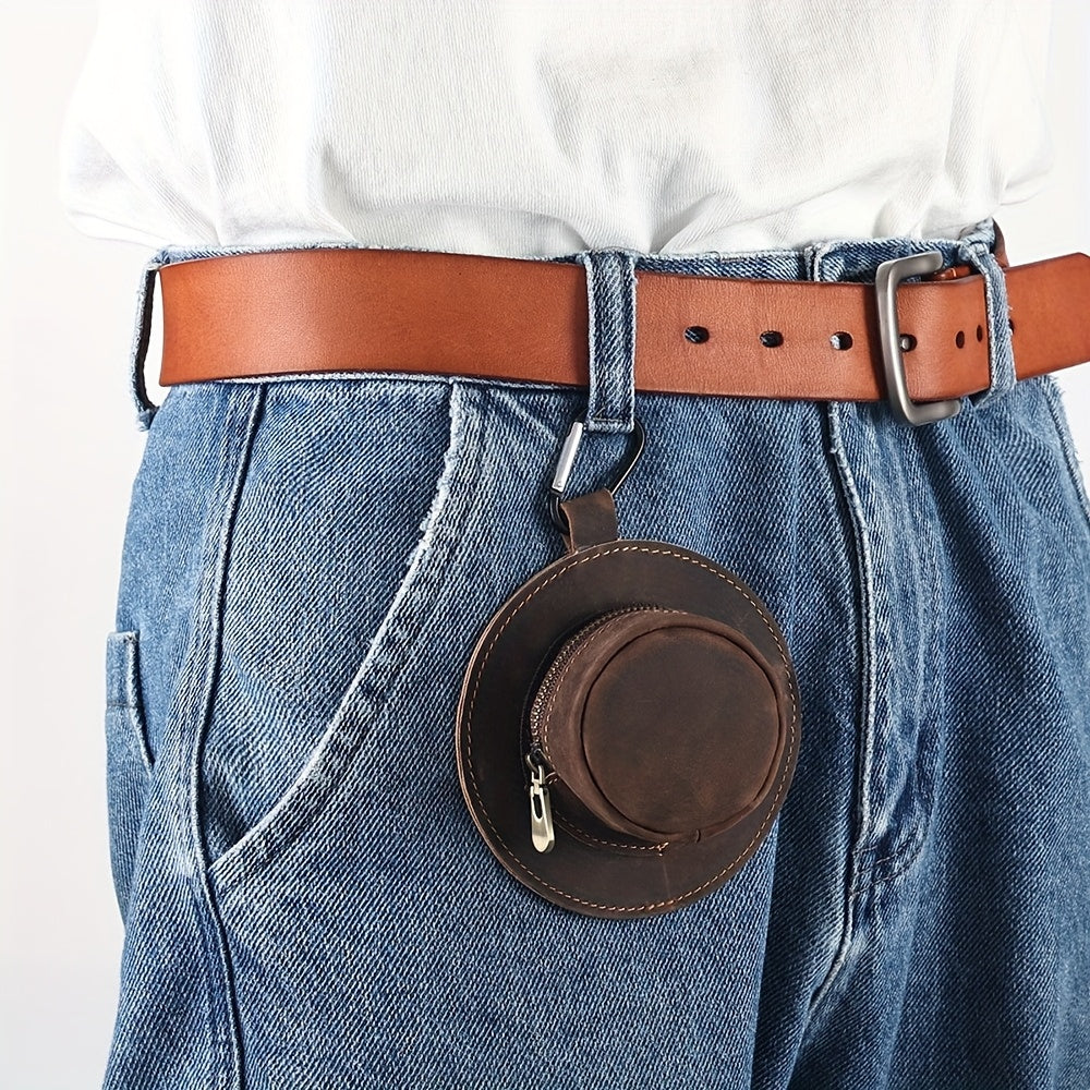 Men'S Genuine Leather Hat-Shaped Coin Purse - Compact Waist-Hanging Wallet with Zipper Closure, Brown, Perfect for Everyday Use, Everyday Wallet | Minimalist Wallet | Durable Leather Wallet, Small Wallet