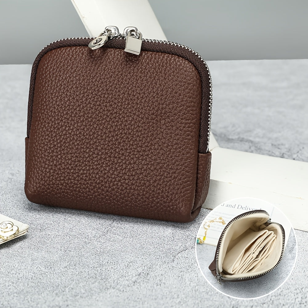 Full-Grain Genuine Leather Compact Wallet, Fine Pebbled Texture & Dual-Zip Closure, Unisex, Convertible Lipstick Case Key Holder Coin Purse Earphone Pouch, Portable Mini Storage Bag Daily Essential