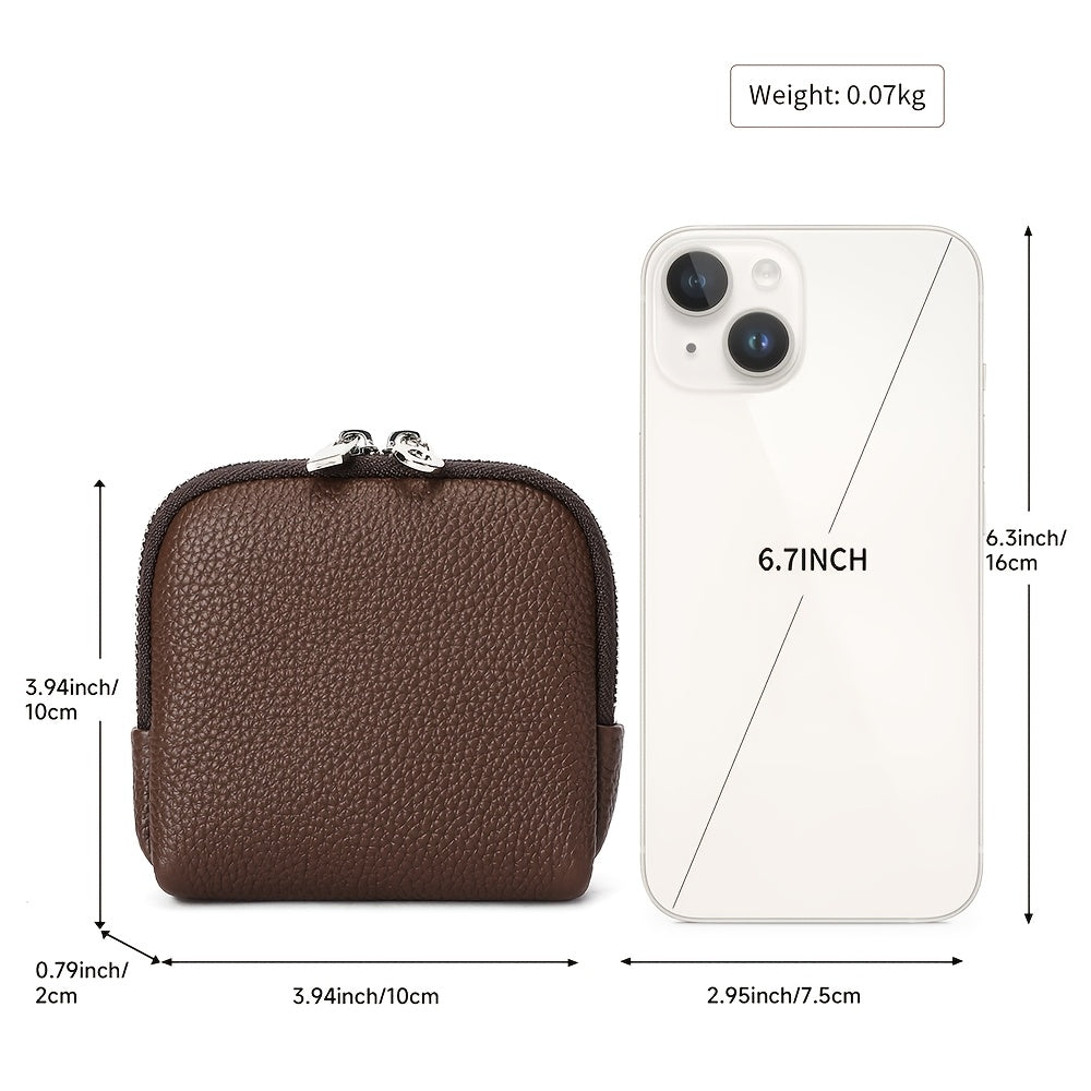 Full-Grain Genuine Leather Compact Wallet, Fine Pebbled Texture & Dual-Zip Closure, Unisex, Convertible Lipstick Case Key Holder Coin Purse Earphone Pouch, Portable Mini Storage Bag Daily Essential