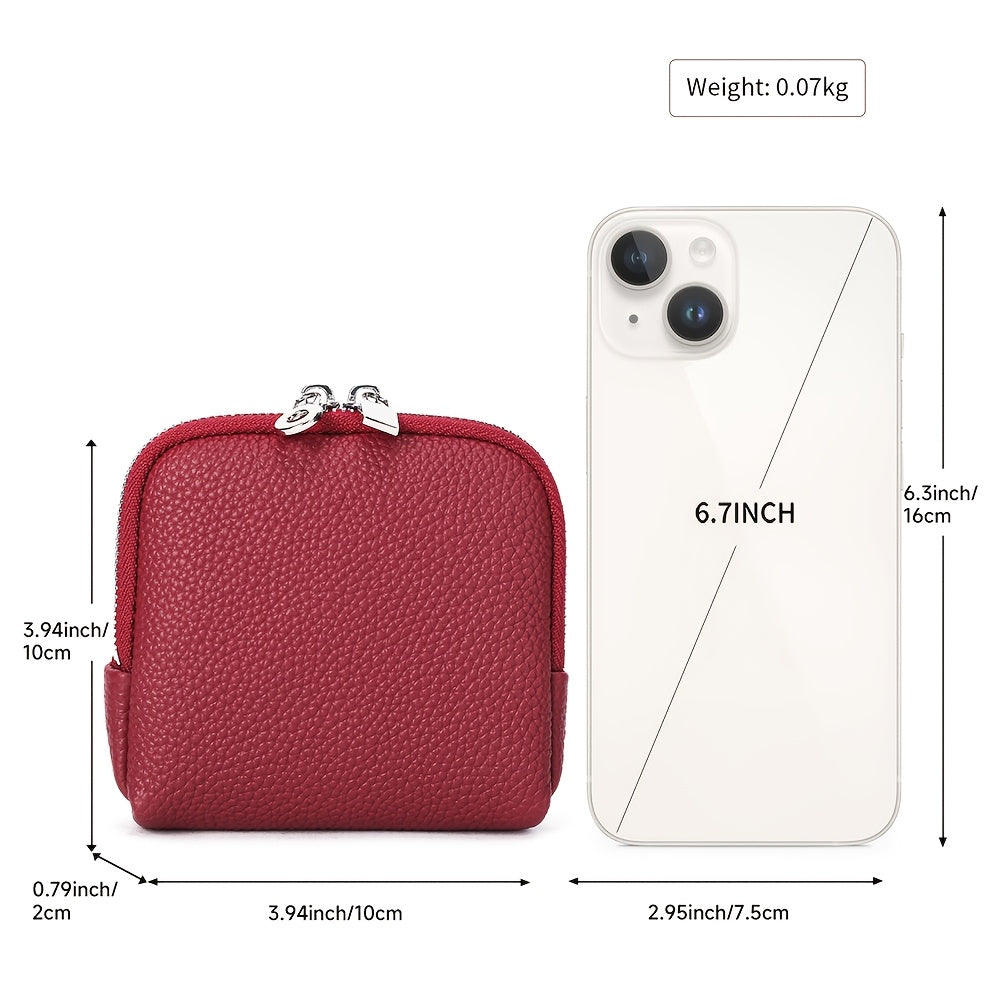 Full-Grain Genuine Leather Compact Wallet, Fine Pebbled Texture & Dual-Zip Closure, Unisex, Convertible Lipstick Case Key Holder Coin Purse Earphone Pouch, Portable Mini Storage Bag Daily Essential