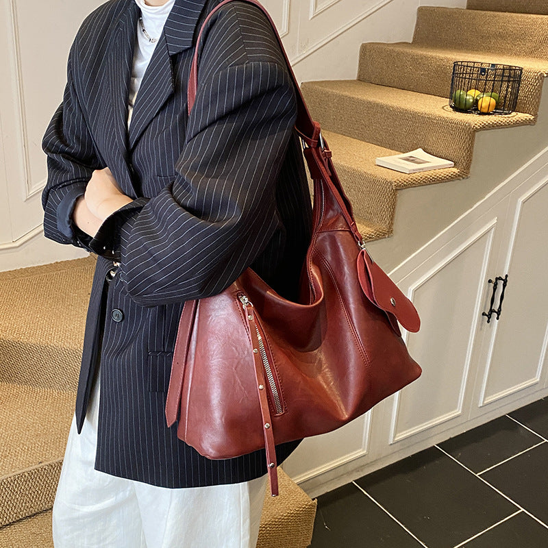 Vintage Large Capacity Shoulder Shopping Bag | and, Zipper Closure, Available in Red, Coffee Colors, Hand Wash or Dry Clean